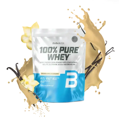 100% Pure Whey Protein Pulver 1000g von BioTechUSA, Geschmack Vanille, Produktverpackung mit Vanilleschoten und Spritzer im Hintergrund
