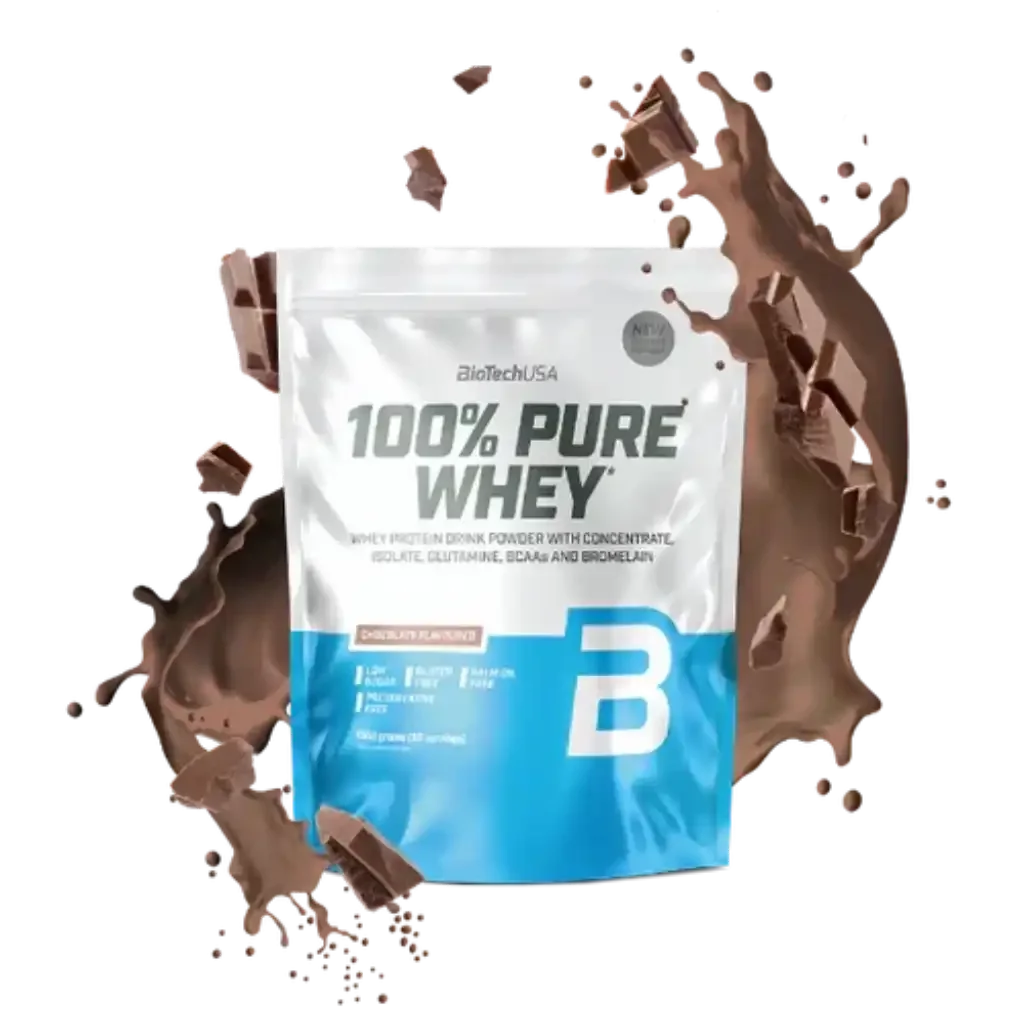100% Pure Whey Protein Pulver Schokoladengeschmack, Packung umgeben von Schokolade