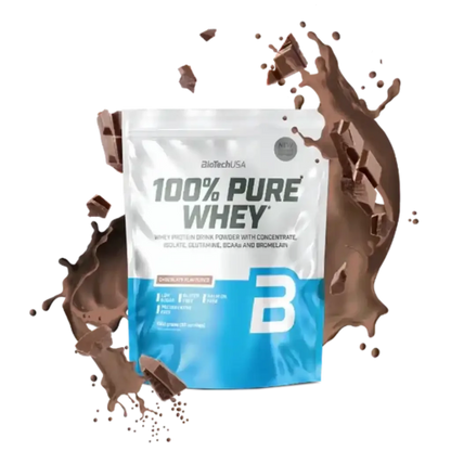 100% Pure Whey Protein Pulver Schokoladengeschmack, Packung umgeben von Schokolade