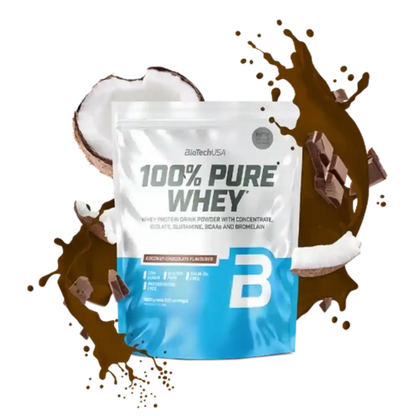 100% Pure Whey Protein Pulver Kokos Schoko Beutel, umgeben von Schokolade und Kokosnuss
