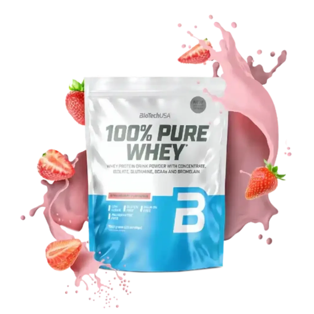 100% Pure Whey Protein Pulver Beutel von BioTechUSA, Erdbeergeschmack, mit Erdbeeren und rosa Shake-Spritzer