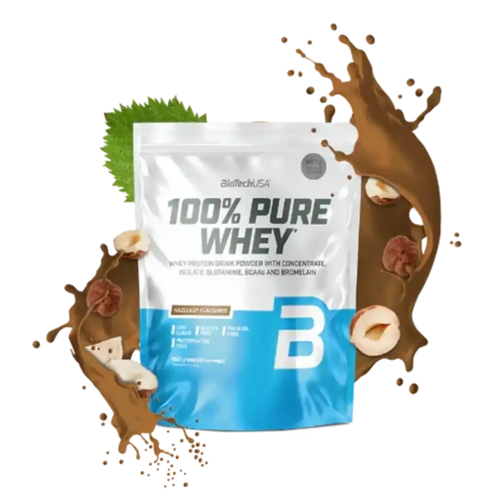 BioTechUSA 100% Pure Whey Protein Pulver 1000g Haselnuss, Verpackung mit Nüssen und Kakao