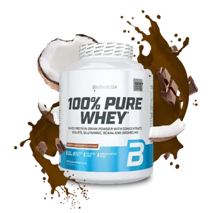 100% Pure Whey Protein Pulver Dose mit Kokosnuss und Schokoladenstücken, Produktfoto