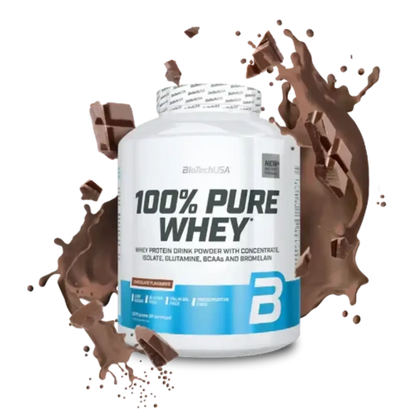 Dose 100% Pure Whey Protein Pulver Schokolade von BioTechUSA mit Schokospritzern