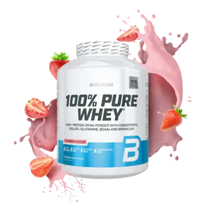BioTechUSA 100% Pure Whey Protein Pulver 2270g Erdbeergeschmack, weiße Dose mit Erdbeeren