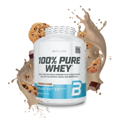 100% Pure Whey Protein Pulver Dose von BioTechUSA, Schoko-Cookie-Geschmack, mit Keksen und Schokolade