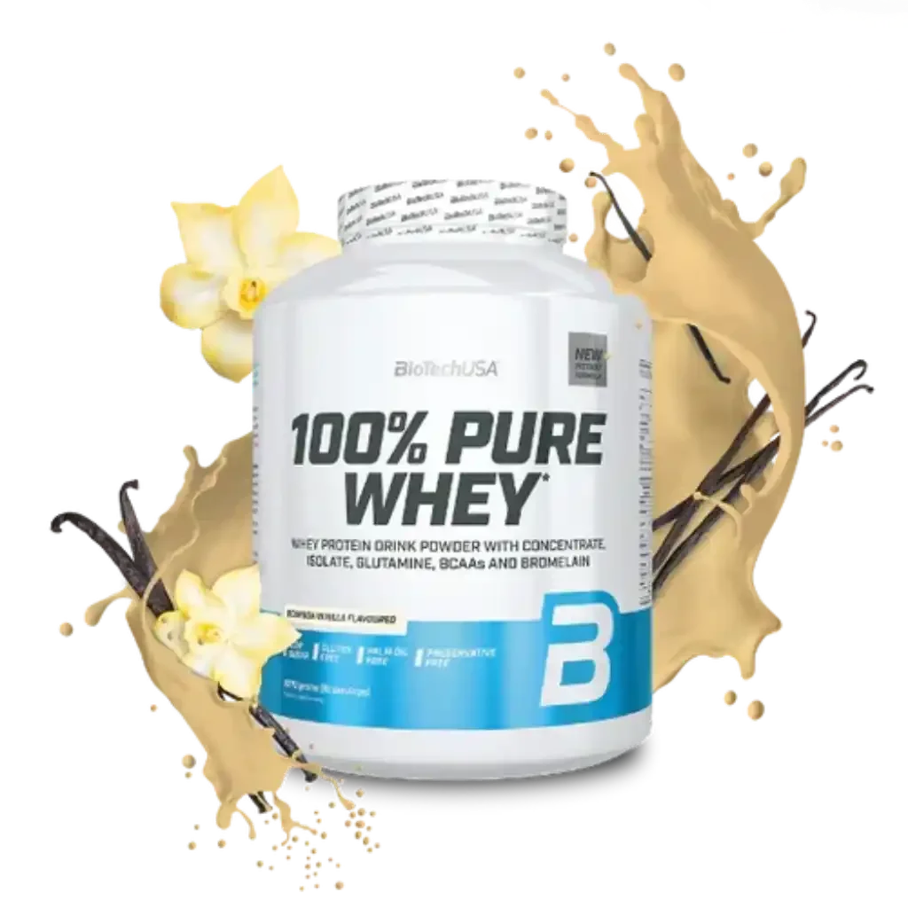 100% Pure Whey Protein Pulver Dose Vanille-Geschmack mit Spritzern und Vanilleschoten