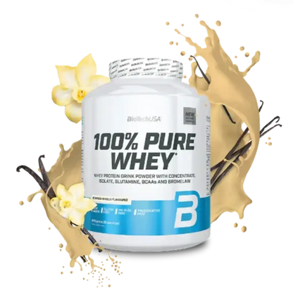 100% Pure Whey Protein Pulver Dose Vanille-Geschmack mit Spritzern und Vanilleschoten
