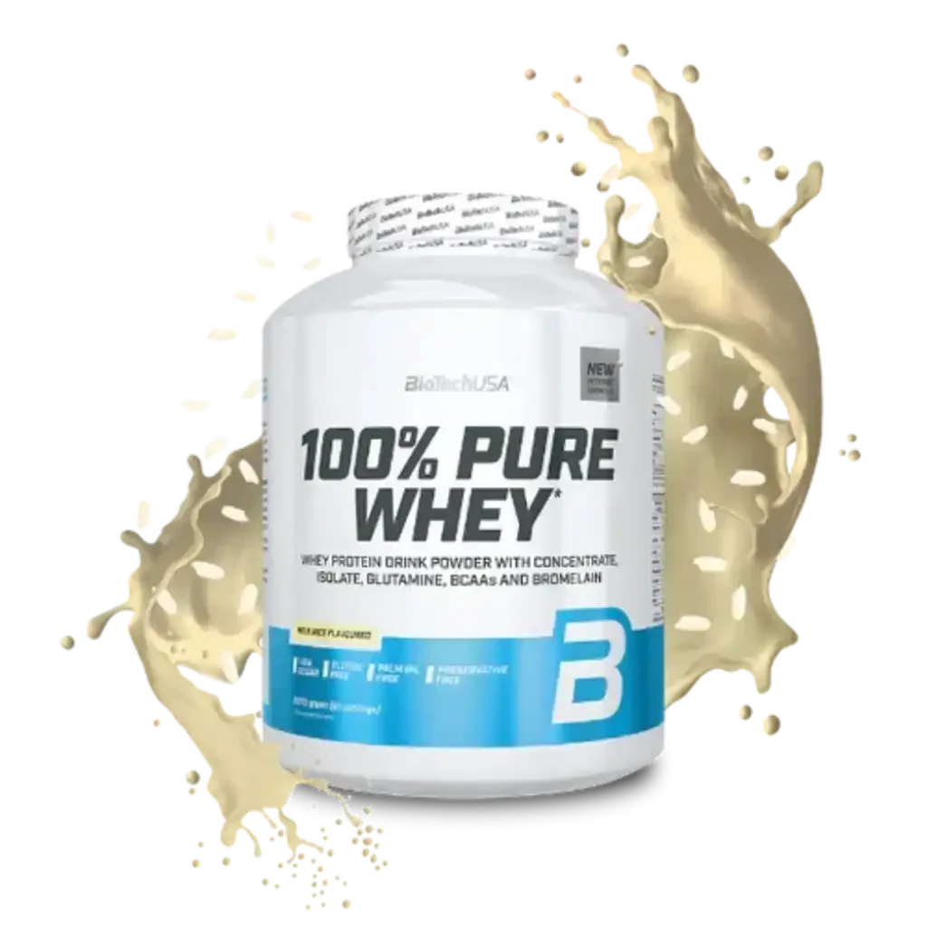 100% Pure Whey Protein Pulver Dose von BioTechUSA mit Milch Splash Effekt auf schwarzem Hintergrund