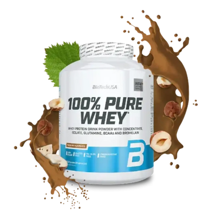 100% Pure Whey Protein Pulver 2270g Dose mit Haselnüssen, Schokolade und grünen Blättern