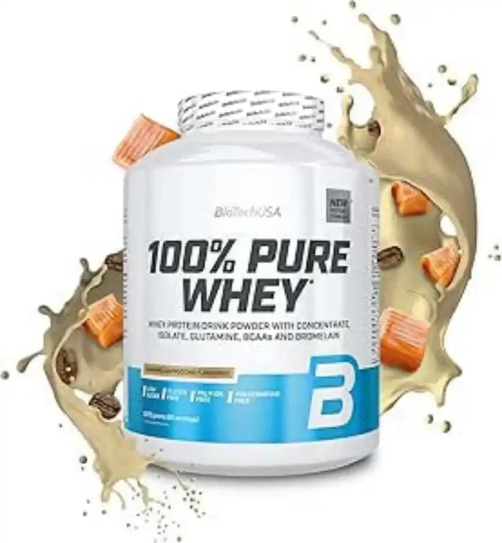 Dose 100% Pure Whey Protein Pulver von BioTechUSA, Karamellstückchen und Milch-Splash