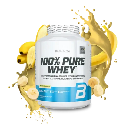 BioTechUSA 100% Pure Whey Protein Pulver Banane, weiße Dose mit Bananenscheiben und Shake