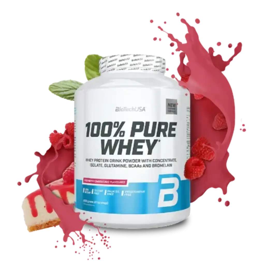 BioTechUSA 100% Pure Whey Protein Pulver, Geschmack Raspberry Cheesecake, 2270g, mit Himbeeren und Kuchenstück