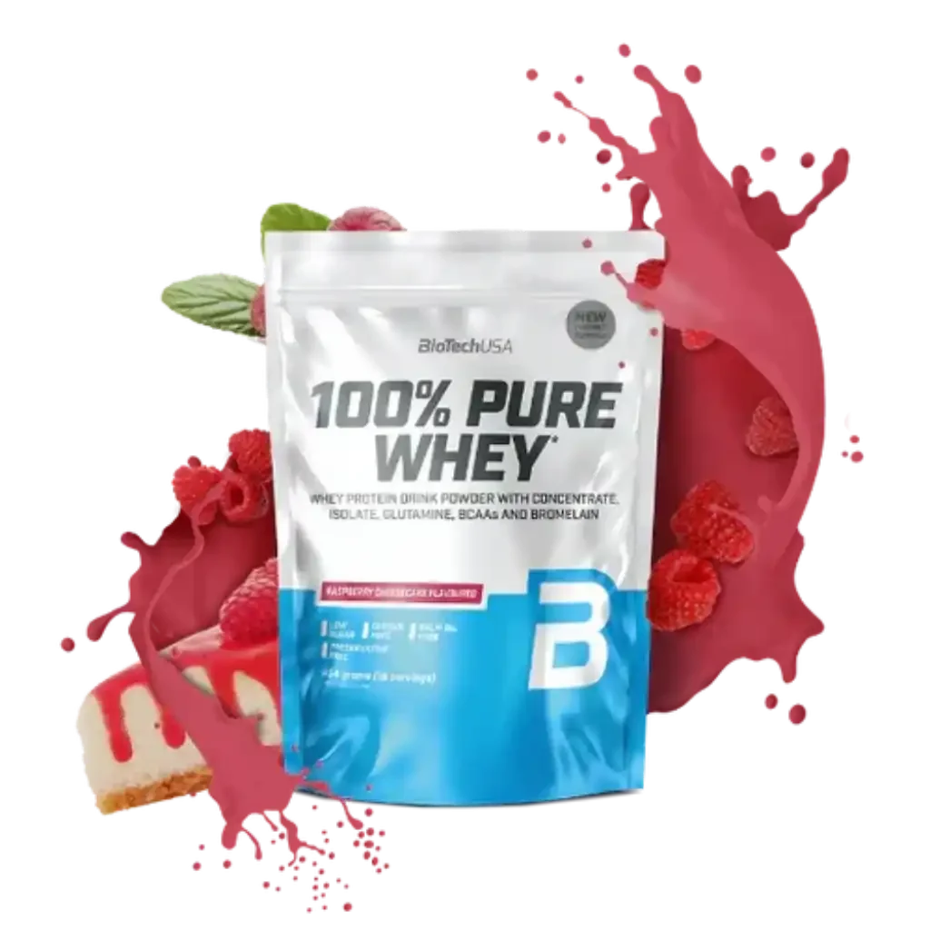 100% Pure Whey Protein Pulver Himbeere von BioTechUSA mit frischen Himbeeren und Kuchenstück