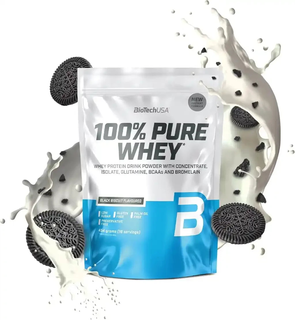 100% Pure Whey Protein Pulver Black Biscuit Geschmack mit Milch und Keksstücken