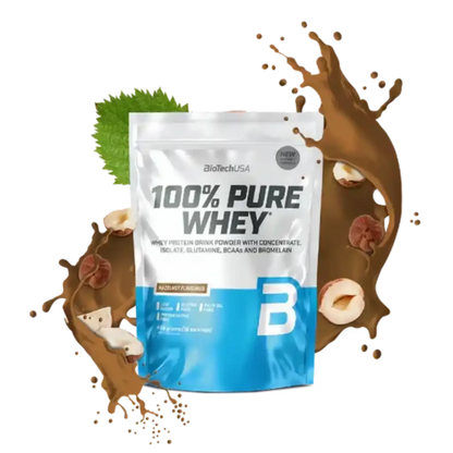 100% Pure Whey Protein Pulver 454g Haselnussgeschmack, Beutel mit Nüssen und Schokolade