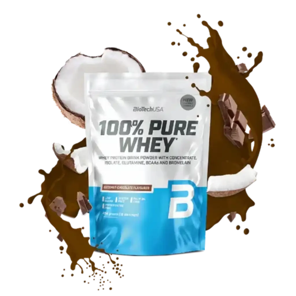 100% Pure Whey Protein Pulver Kokos Schokolade, Beutel mit Schokolade und Kokosnuss