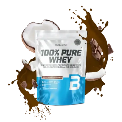 100% Pure Whey Protein Pulver Kokos Schokolade, Beutel mit Schokolade und Kokosnuss