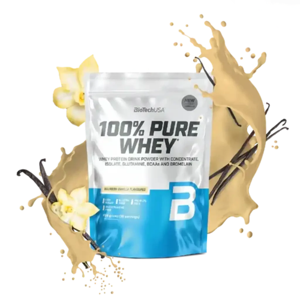 100% Pure Whey Protein Pulver Beutel Vanille-Geschmack von BioTechUSA mit Vanilleschoten