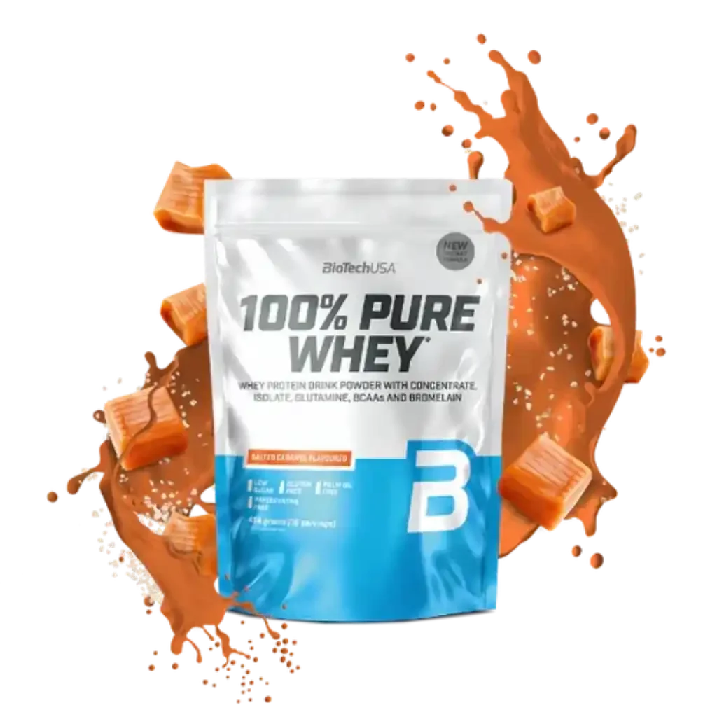 BioTechUSA 100% Pure Whey Protein Pulver 454g Beutel, Karamellstückchen und Spritzer