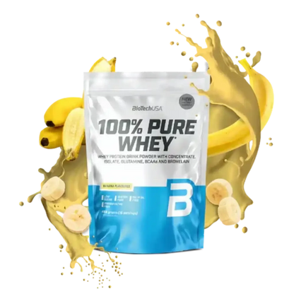 100% Pure Whey Protein Pulver von BioTechUSA Banane, Standbeutel mit Bananen und Splash