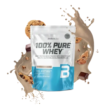 100% Pure Whey Protein Pulver Beutel mit Keksen, Schokolade und Milchspritzer