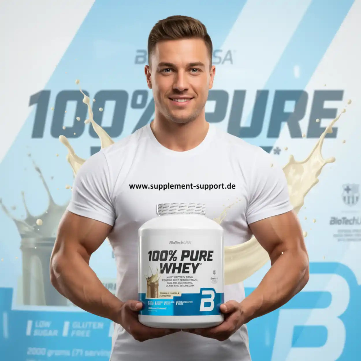 Muskulöser Mann hält Proteinpulver Dose 100% Pure Whey, Milch-Splash, Sportnahrung