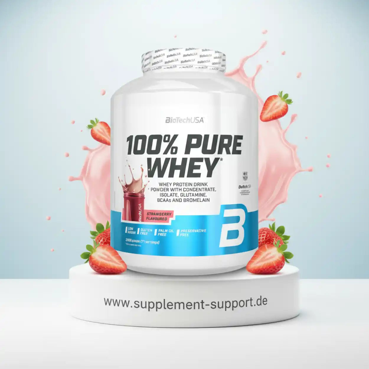 100% Pure Whey Protein Erdbeere Dose, Whey-Proteinpulver mit Erdbeeren und Milchspritzer