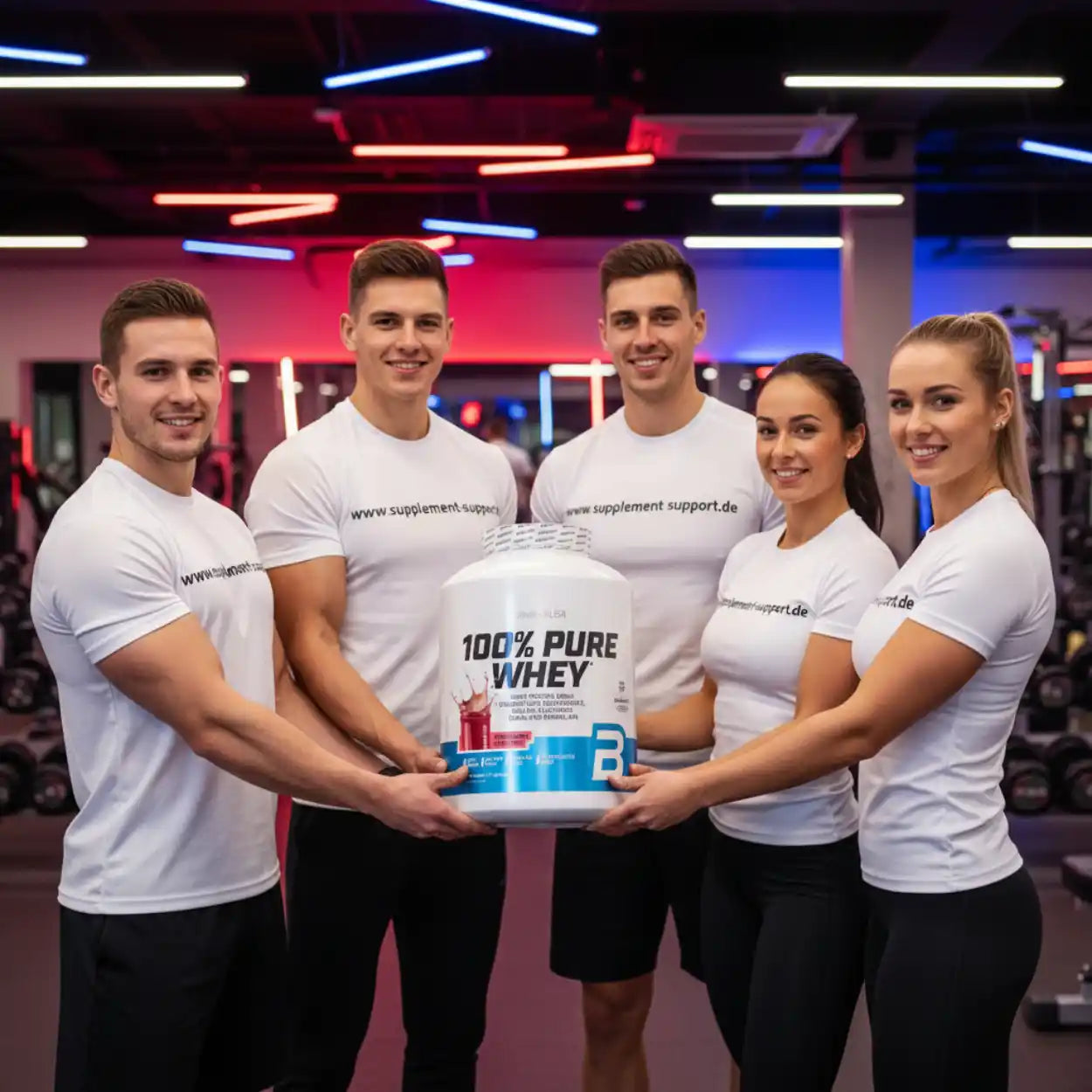 Fünf sportliche Personen im Fitnessstudio halten einen großen Protein Whey Behälter gemeinsam