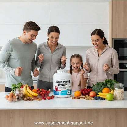 Familie in moderner Küche mit Proteinpulver, Obst, Gemüse und Nüssen auf dem Tisch