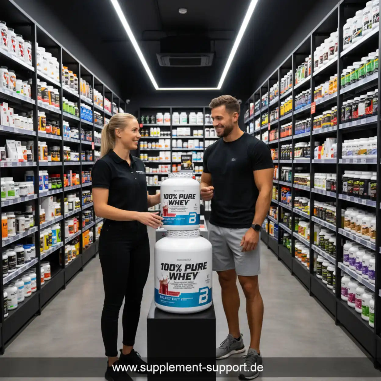Zwei Personen im Sportnahrung-Shop mit großen Whey Protein Dosen, Regale mit Supplements