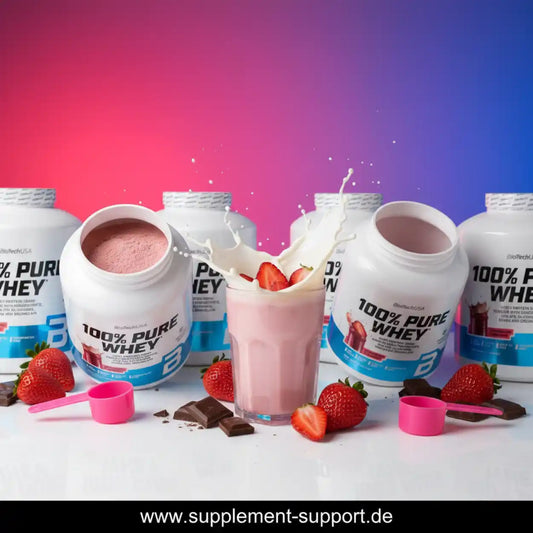 Proteinpulver 100% Pure Whey mit Erdbeeren, Schokoladenstücken und Shake, Nahrungsergänzung