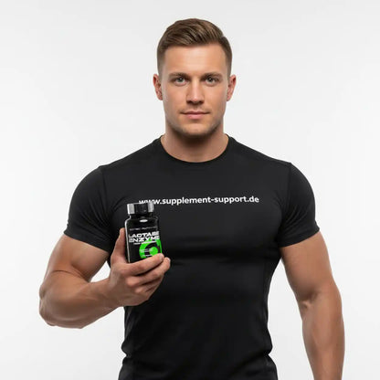 Muskulöser Mann im schwarzen Shirt hält Lactase Enzyme Nahrungsergänzungsmittel von Supplement Support.