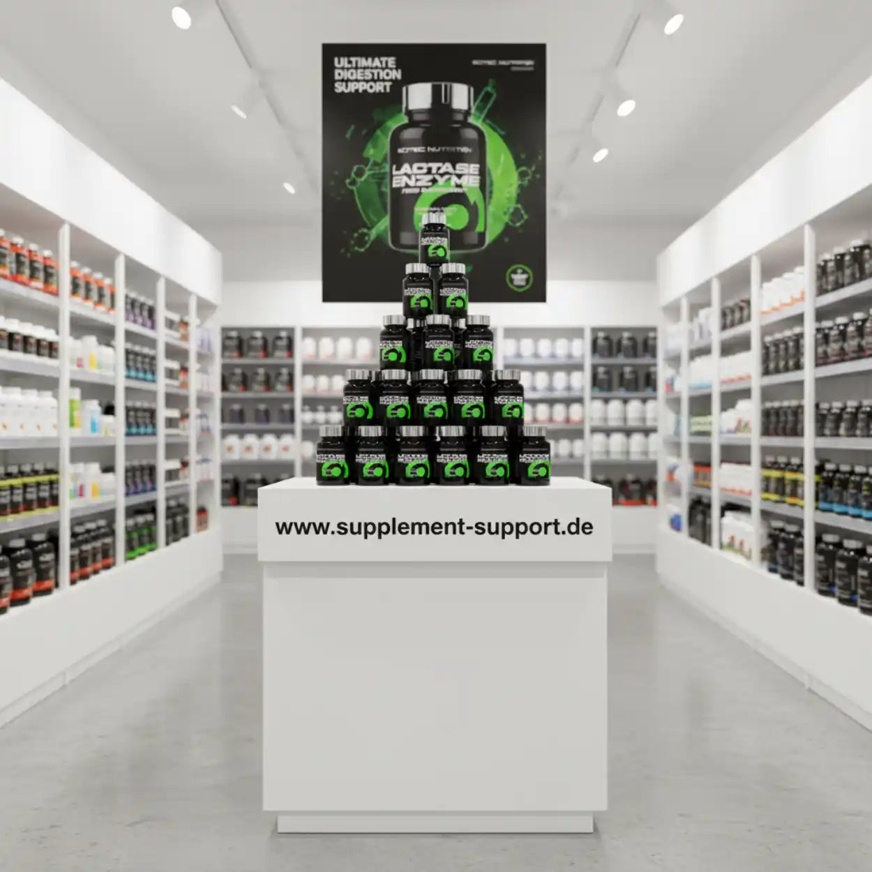 Nahrungsergänzungsmittel-Regal im Supplement Support Shop mit Lactase Enzyme Sortiment, moderner Laden