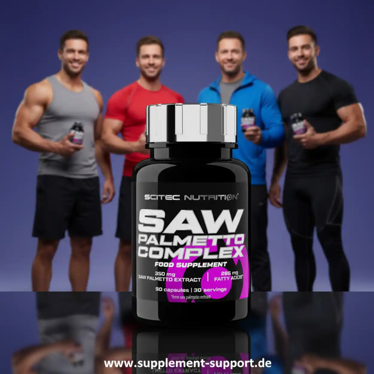 Saw Palmetto Complex Nahrungsergänzungsmittel, Sportler mit Supplement-Flaschen, Supplement Support