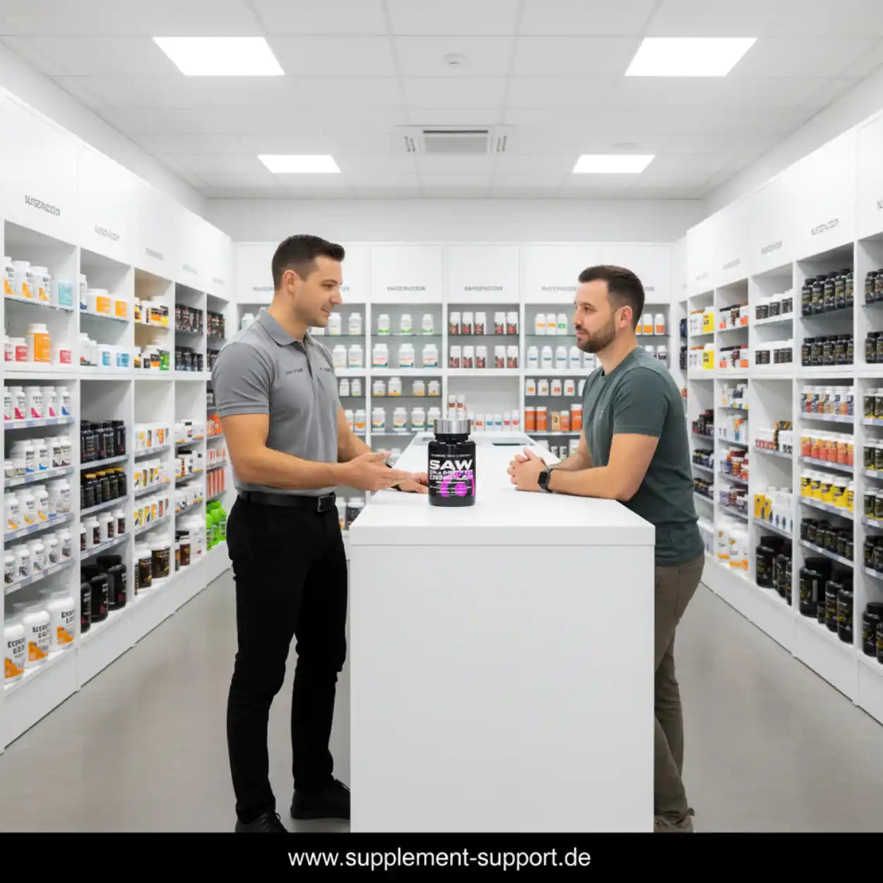 Beratung zu Sportnahrung im Supplement Support Shop, Proteinpulver und Vitamine im Regal