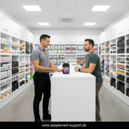 Beratung zu Sportnahrung im Supplement Support Shop, Proteinpulver und Vitamine im Regal