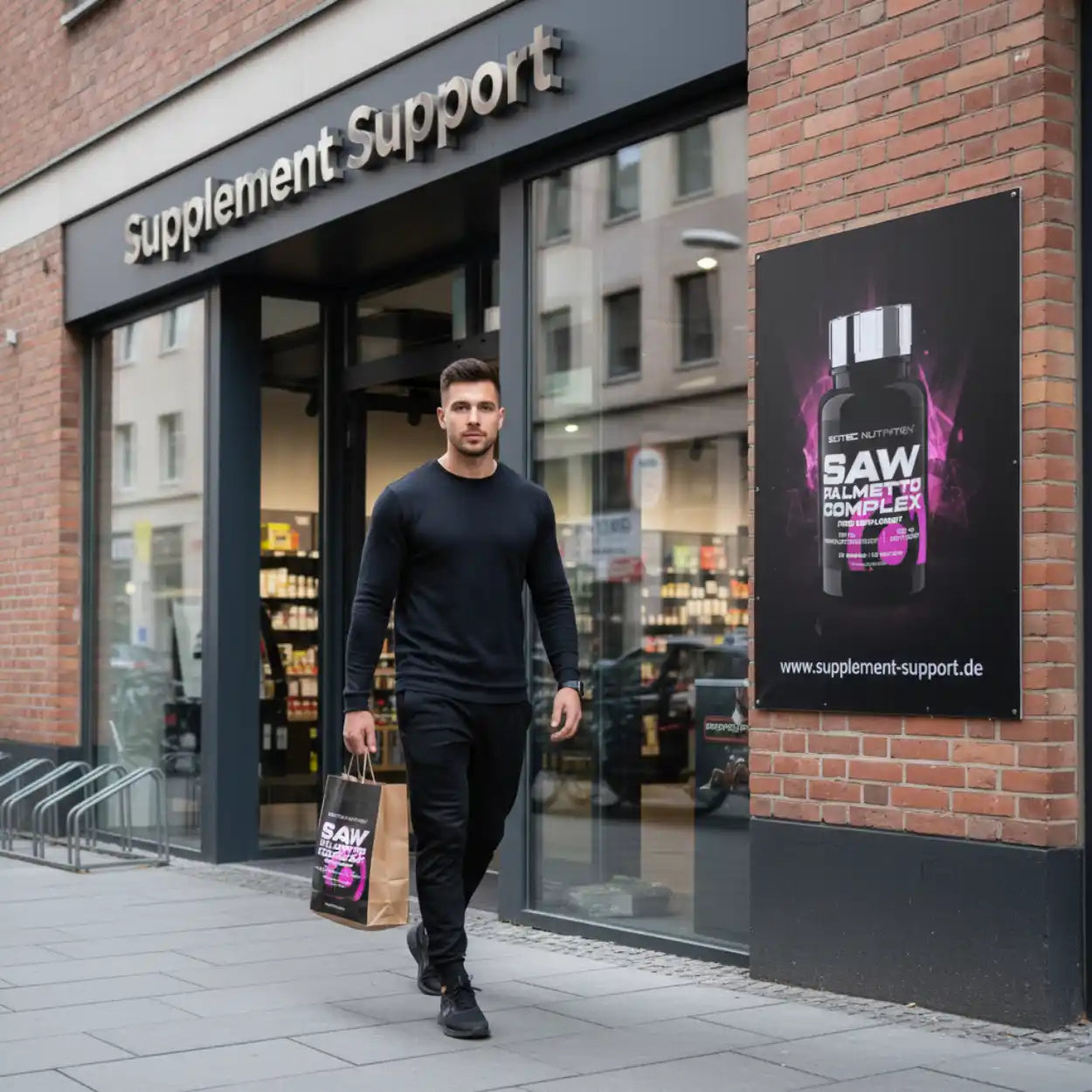 Mann verlässt Supplement Support Geschäft mit Einkaufstasche voll Nahrungsergänzungsmittel