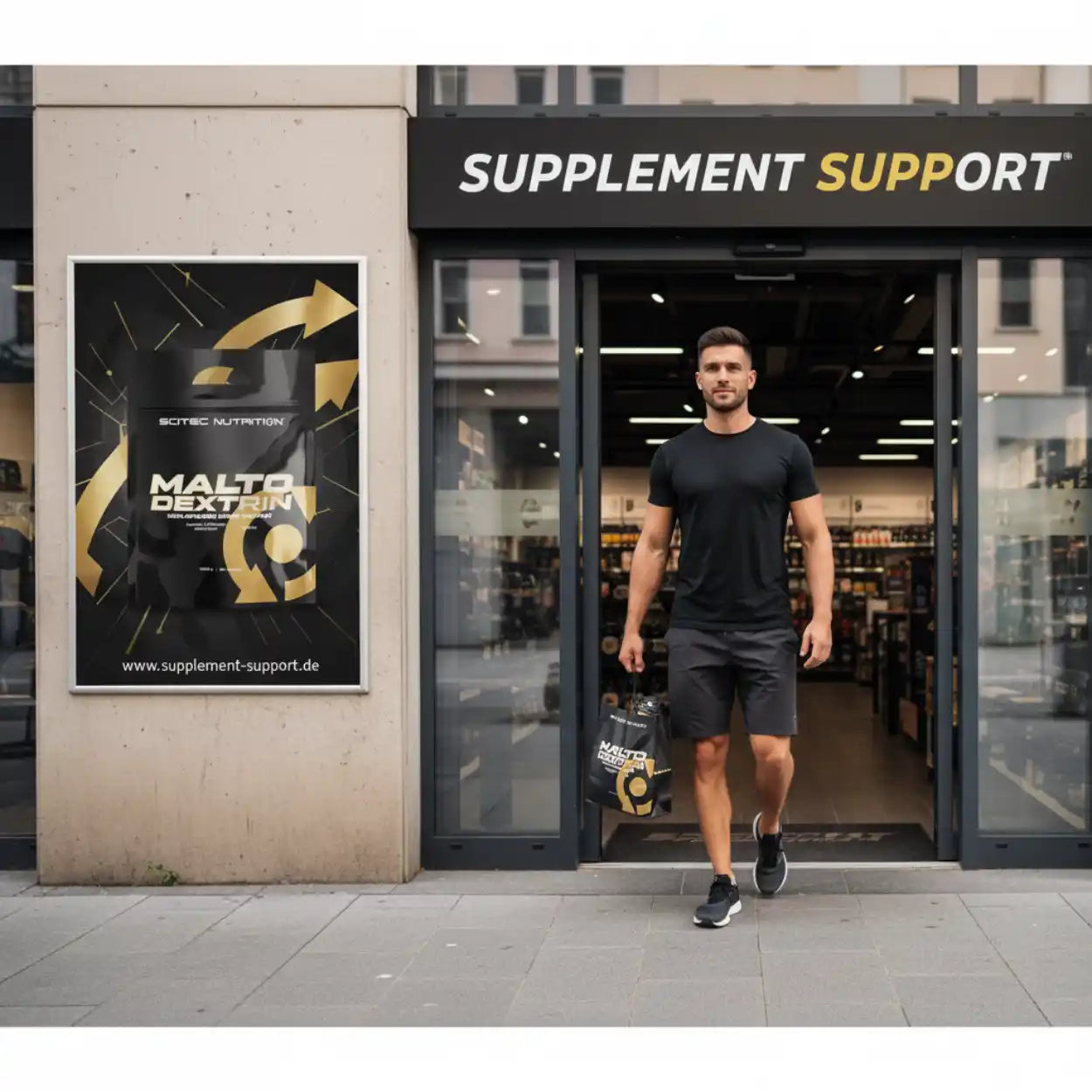Junger Mann verlässt Supplement Support Geschäft mit Maltodextrin Sportnahrungstasche, Außenansicht.