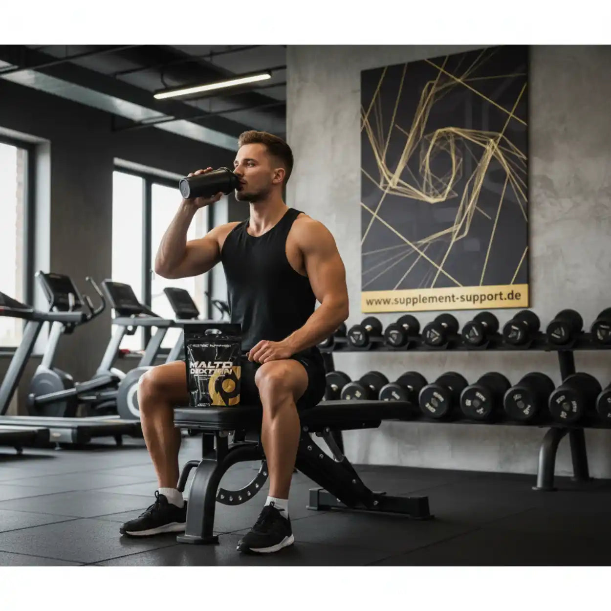 Muskulöser Mann trinkt Proteinshake im Fitnessstudio, Maltodextrin Supplement, Hanteln, Supplement Support