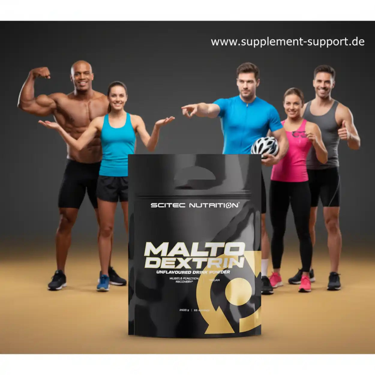 Gruppe sportlicher Menschen mit Scitec Nutrition Maltodextrin Pulver von Supplement Support