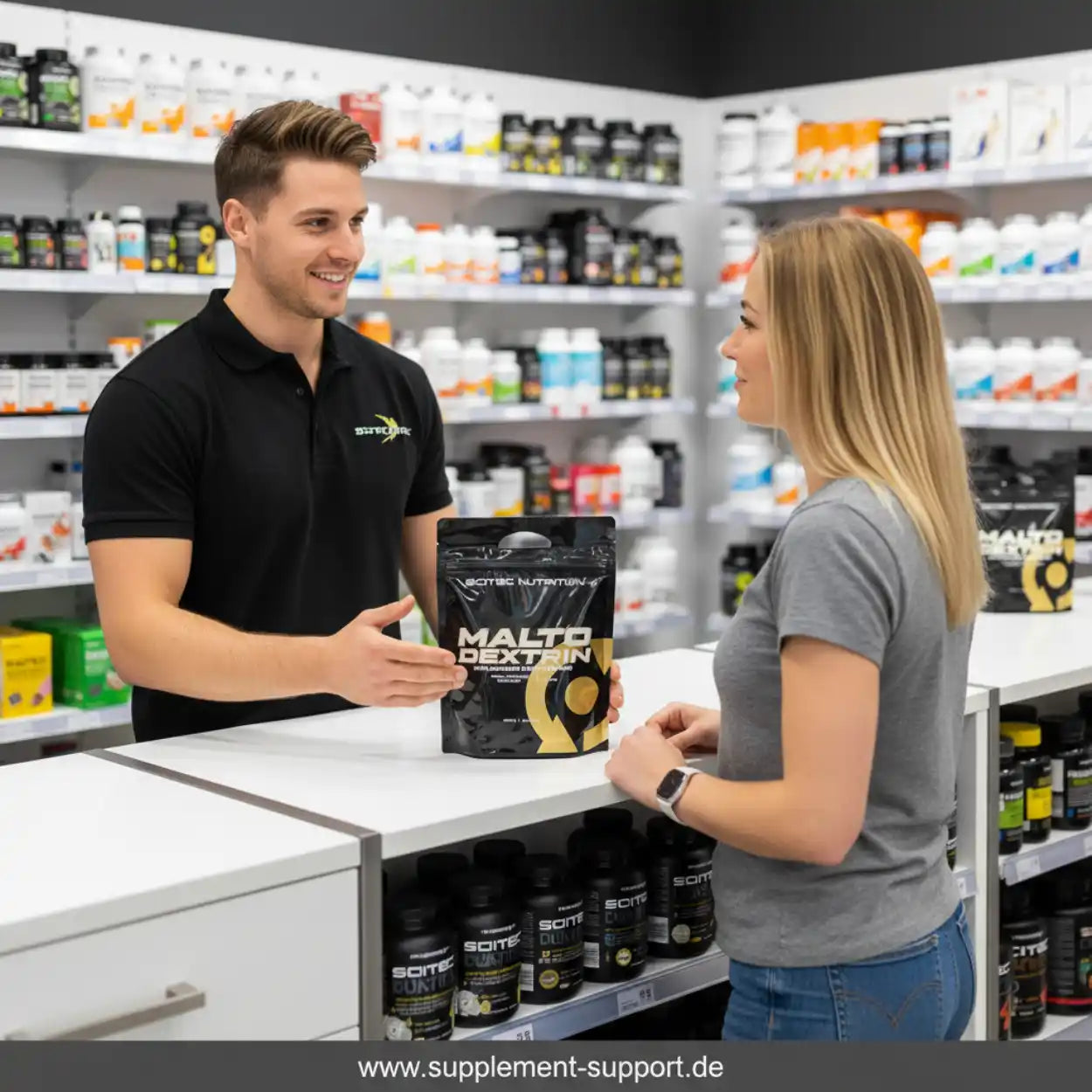 Beratung zu Nahrungsergänzungsmitteln im Supplement Support Store, Malto Dextrin Produkt im Fokus