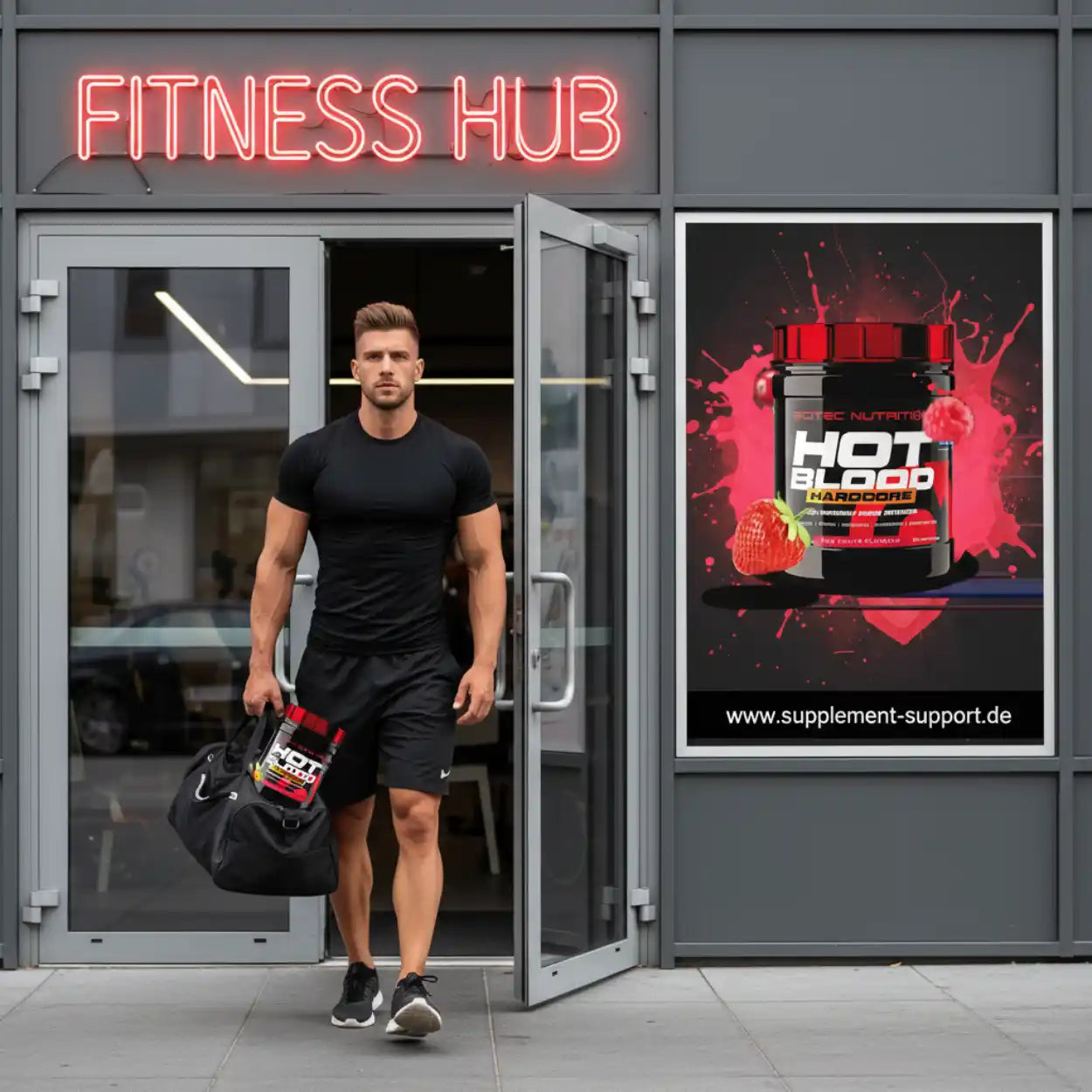 Sportlicher Mann mit Proteinpulver verlässt Fitnessstudio vor Poster von Nahrungsergänzungsmittel.
