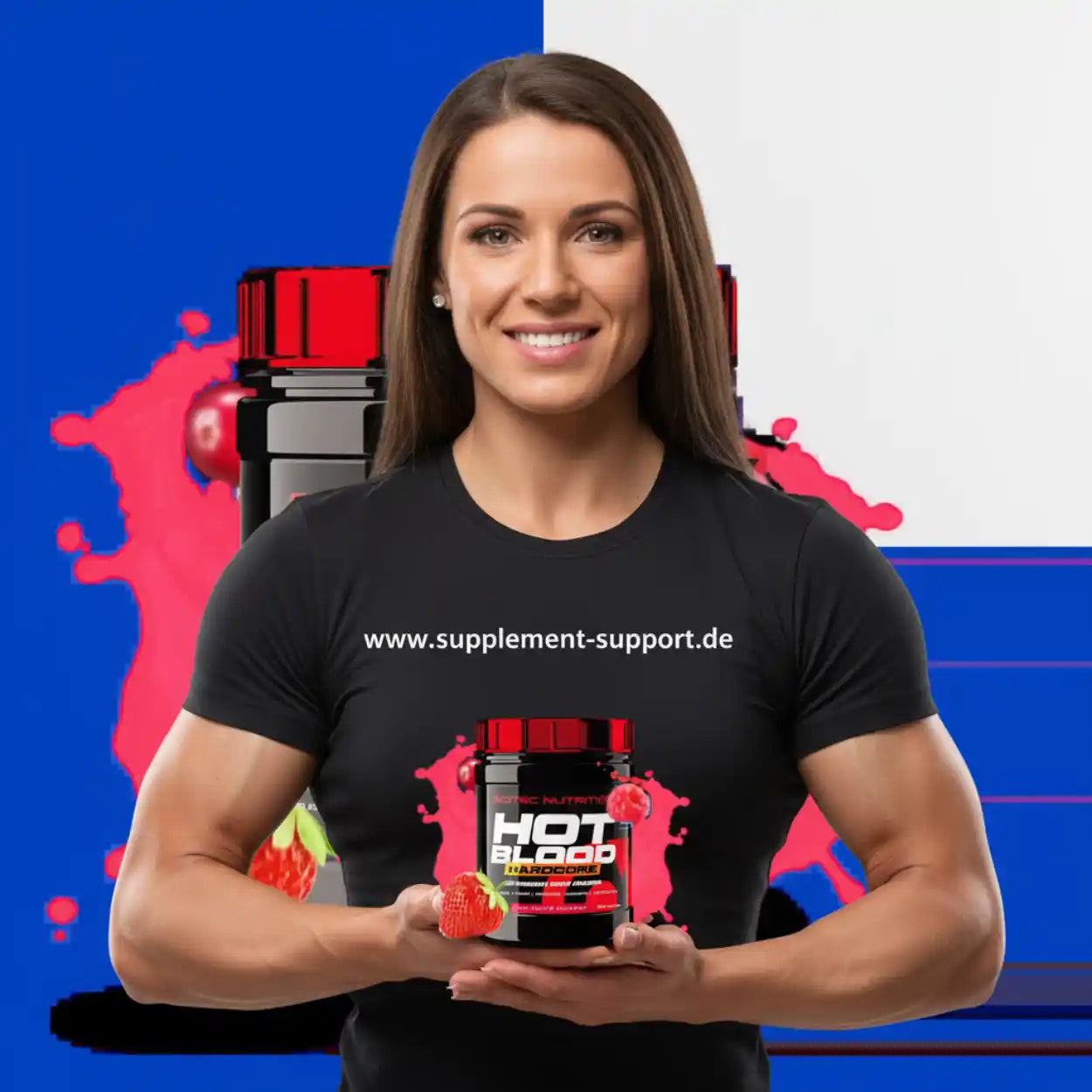Sportliche Frau hält Hardcore Booster Dose Hot Blood, Supplement Support Werbung, bunter Hintergrund
