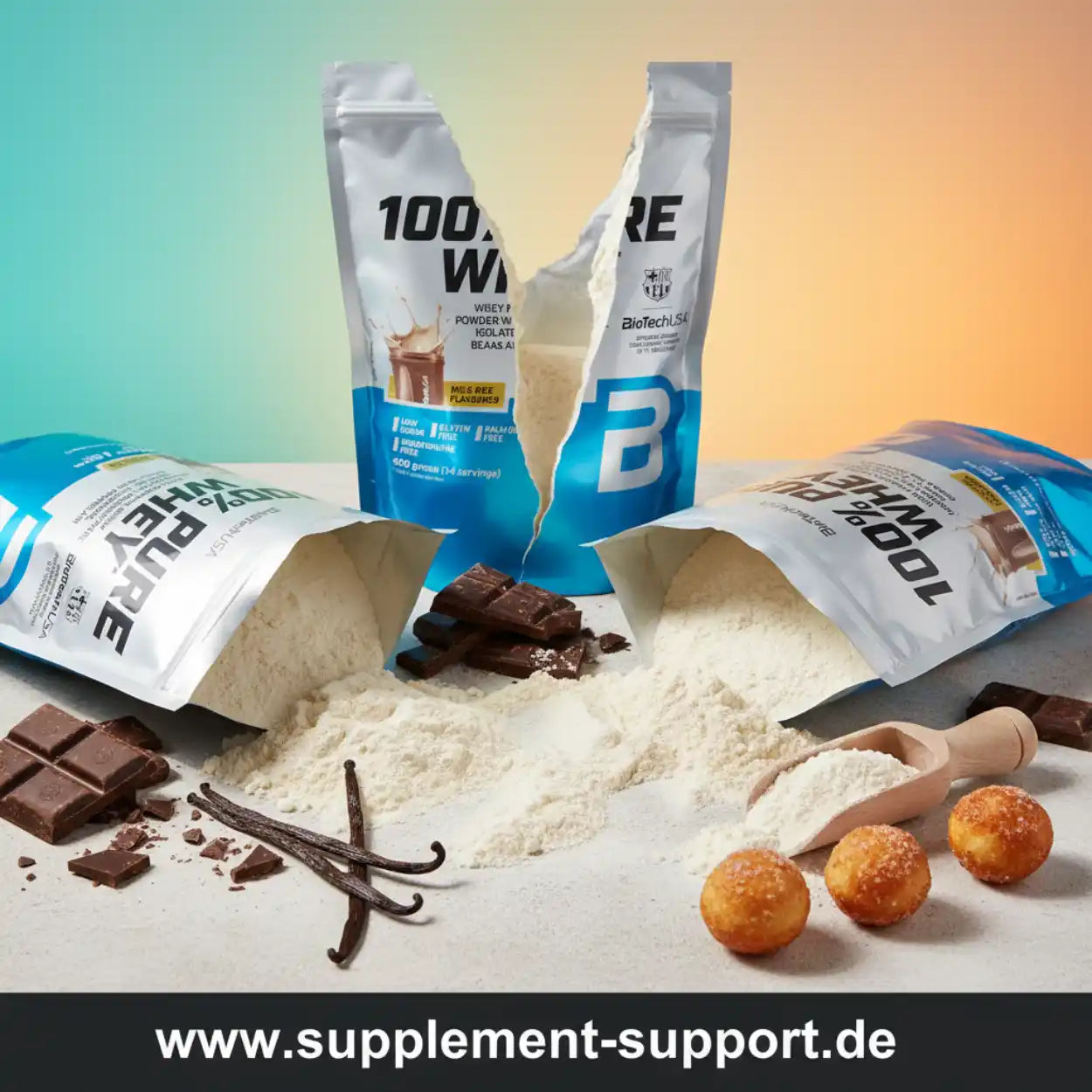 Proteinpulver Whey Beutel mit Schokolade, Vanille, Pulver und Protein Balls auf hellem Hintergrund
