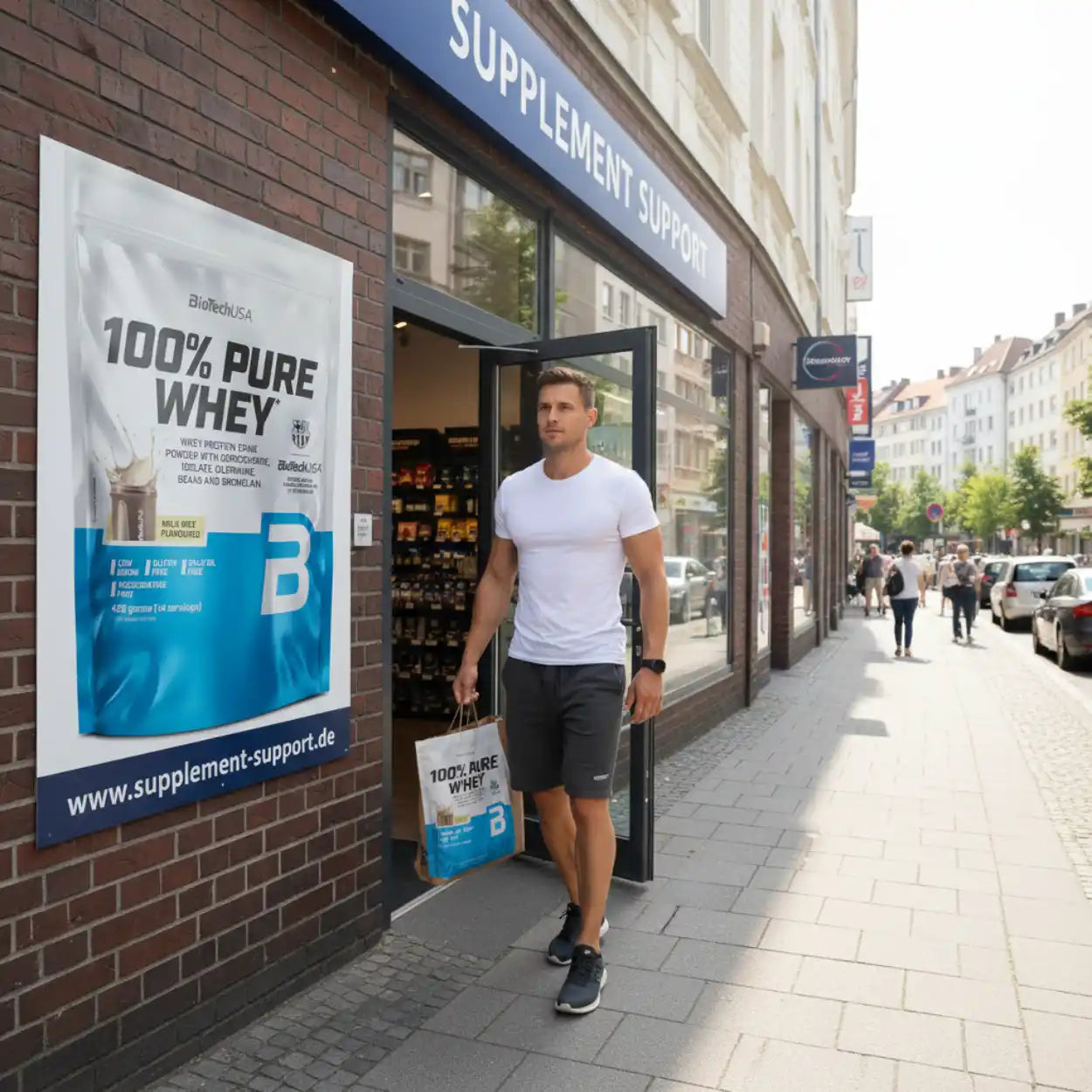 Sportlicher Mann mit Einkaufstüte verlässt Nahrungsergänzungsmittel-Geschäft in der Stadt