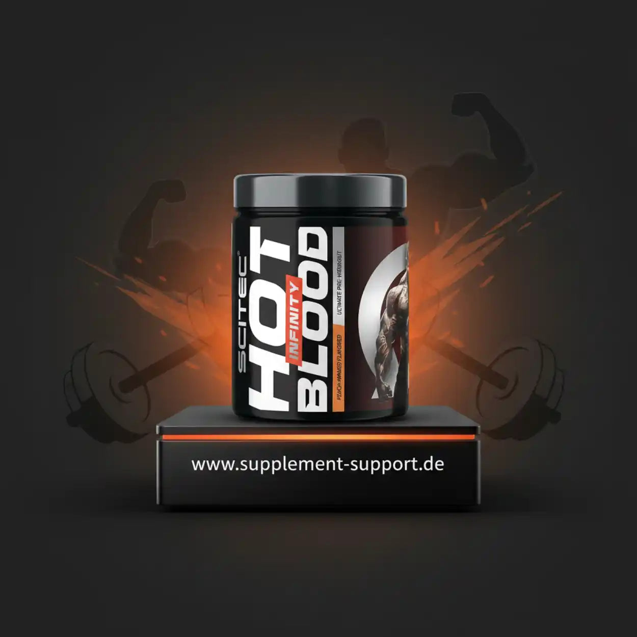 Scitec Hot Blood Infinity Booster Supplement, mit Bodybuilder-Grafik, auf www.supplement-support.de