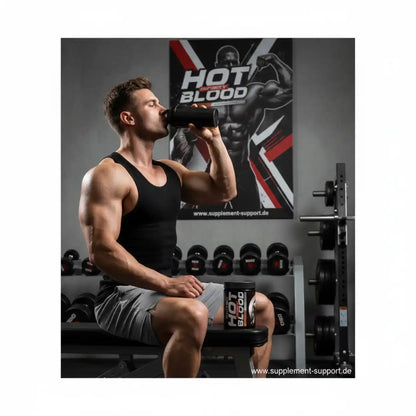 Bodybuilder im Fitnessstudio trinkt Proteinshake, Supplement Support Sportnahrung, Hanteln im Hintergrund