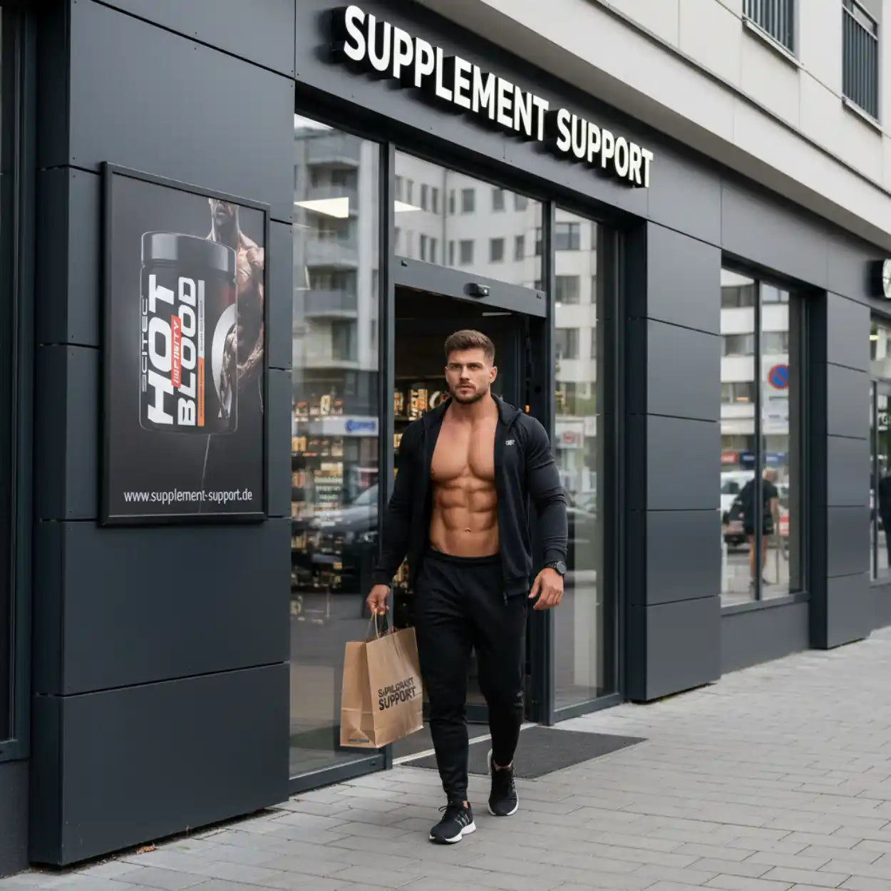 Sportlicher Mann mit Einkaufstüte vor Supplement Support Geschäft für Nahrungsergänzungsmittel