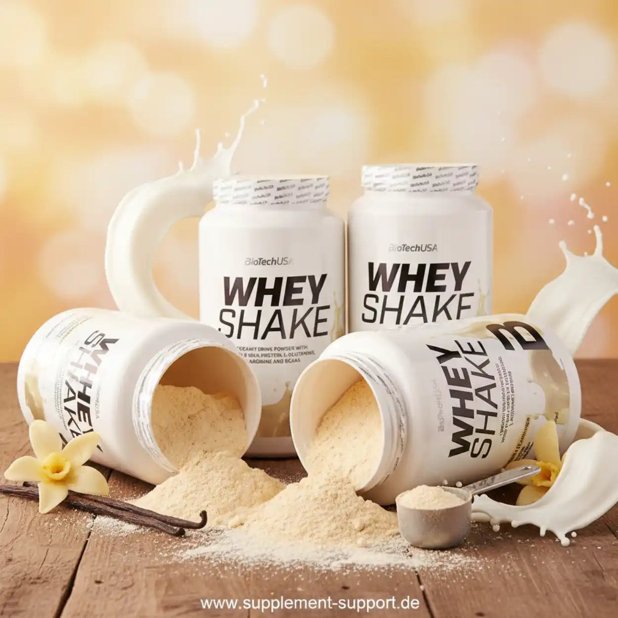 Whey Protein Shake Pulver in weißen Dosen, Vanille-Geschmack, Sportnahrung auf Holz